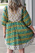 Green Plus Size Mixed Floral Print Striped Trim Loose Mini Dress