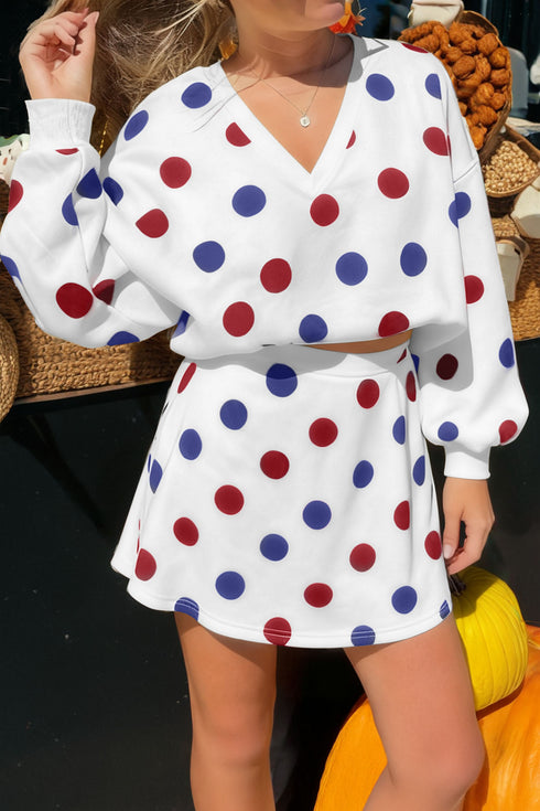 White Polka Dot Print V Neck Pullover Mini Skirt 2pcs Outfit