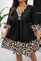 Black Plus Size Leopard Patchwork V Neck 3/4 Sleeve Ruffle Hem Mini Dress