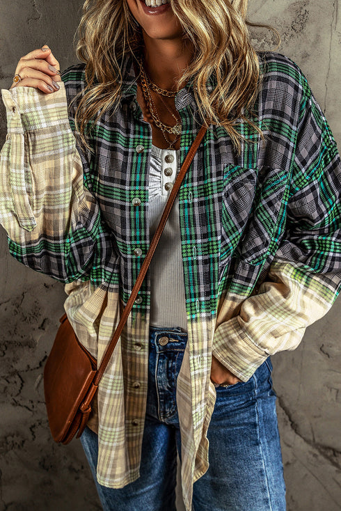 blackish-green-contrast-plaid-patchwork-chest-pocket-button-up-shacket