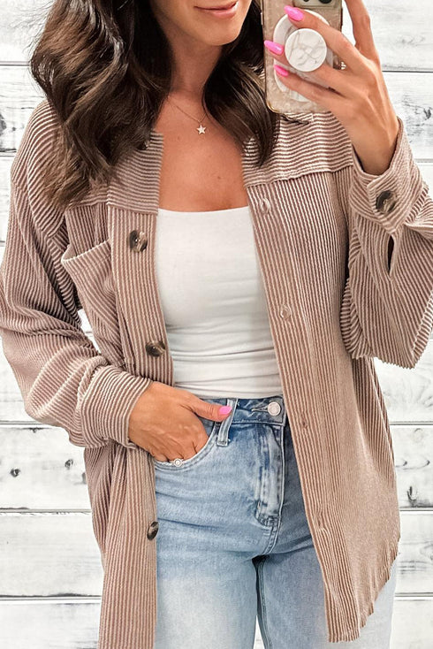 Smoke Gray Twisted Ribbed Button Down Single Chest Pocket Casual Shacket