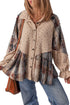 Ashleigh Blue Boho Floral Plaid Patchwork Distressed Detail Ruffled Sleeve Waffle Knit Shacket