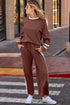 Chestnut Varsity Stripe Patchwork Puff Sleeve Pullover Drawstring Wide Leg Pant Set