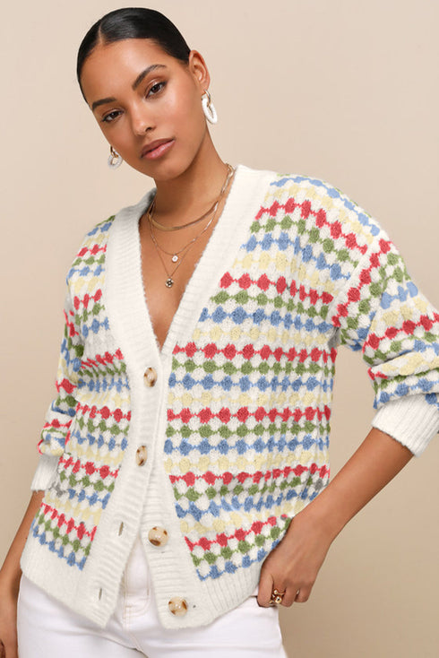 White Dotty Pattern Knit Button Front V Neck Sweater Cardigan