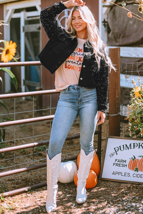 black-sequin-sleeve-pocketed-raw-hem-denim-jacket