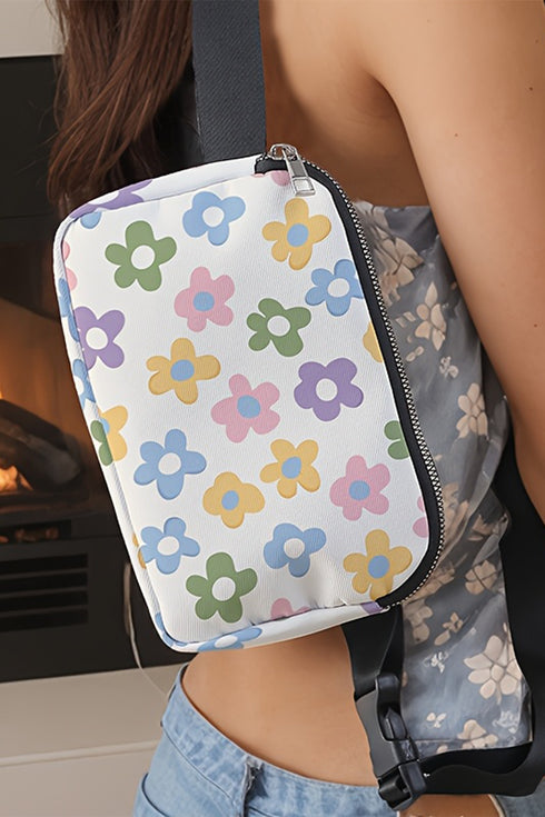 White Dainty Flower Printed Canvas Crossbody Bag