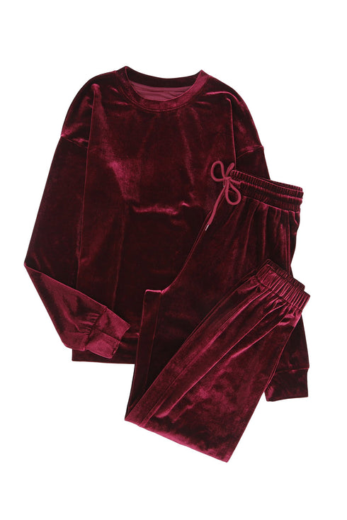 fiery-red-solid-velvet-two-piece-lounge-set