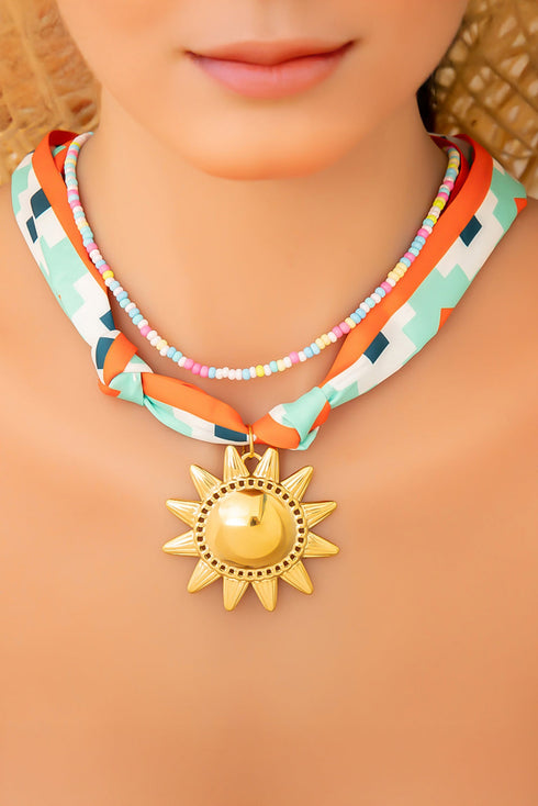 Vitality Orange Geometric Heart Print Scarf Golden Sun Pendant Boho Necklace