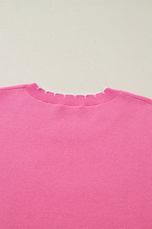 Sachet Pink Big Ribbon Bow Print Contrast Stitch Trim Drop Shoulder Sweater