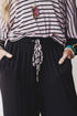 Black Striped Drop Shoulder 3/4 Ruffled Sleeve Loose Top and Ruffled Drawstring Pants 2pcs Outfit