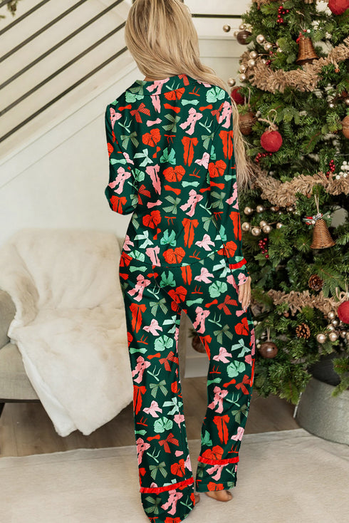 Green Festive Bow Print Contrast Ruffle Trim Shirt Style 2pcs Pajama Pant Set