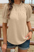 Parchment Textured Knit Eyelet Embroidered Patchwork Ruffled Neck Short Sleeve Blouse