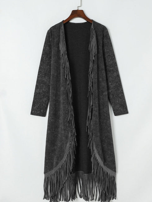 black-fringed-hem-pocketed-open-cardigan
