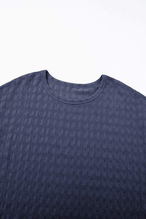 Sail Blue Solid Color Textured Batwing Sleeve Tee