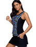 black-geometric-print-sleeveless-zipper-racer-back-pocket-tankini-set