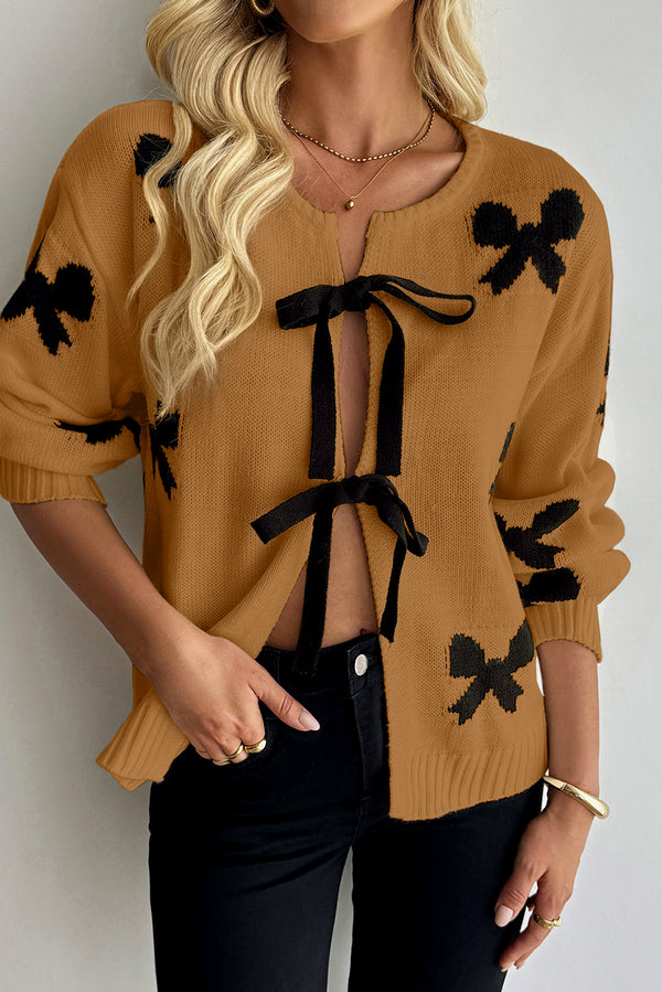 Camel Lace-up Bow Pattern Sweater Cardigan