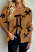 Camel Lace-up Bow Pattern Sweater Cardigan