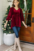 Burgundy Frilly Shirred Detail V Neck Velvet Peplum Tunic Blouse
