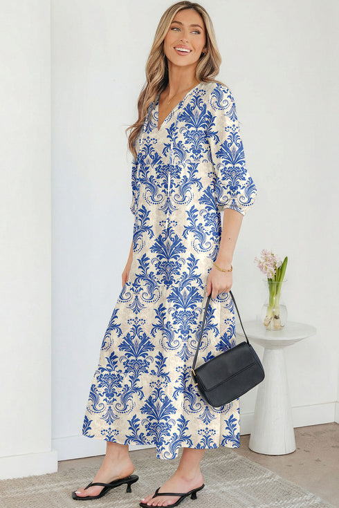 Sky Blue Boho Printed Half Sleeve Maxi Dress