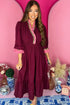 Burgundy Contrast Frilled Trim V Neck 3/4 Ruffled Sleeve Flowy Midi Dress