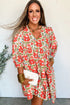 Red Floral Print Ricrac Trim V Neck 3/4 Sleeve Loose Mini Dress