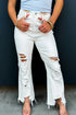 White Asymmetric Distressed Raw Hem Cowgirl Jeans