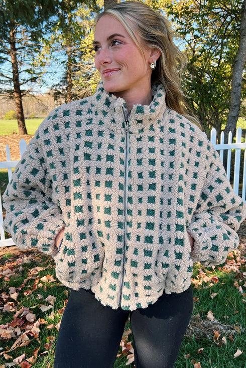 Green Plush Plaid Zip Up Cozy Winter Coat