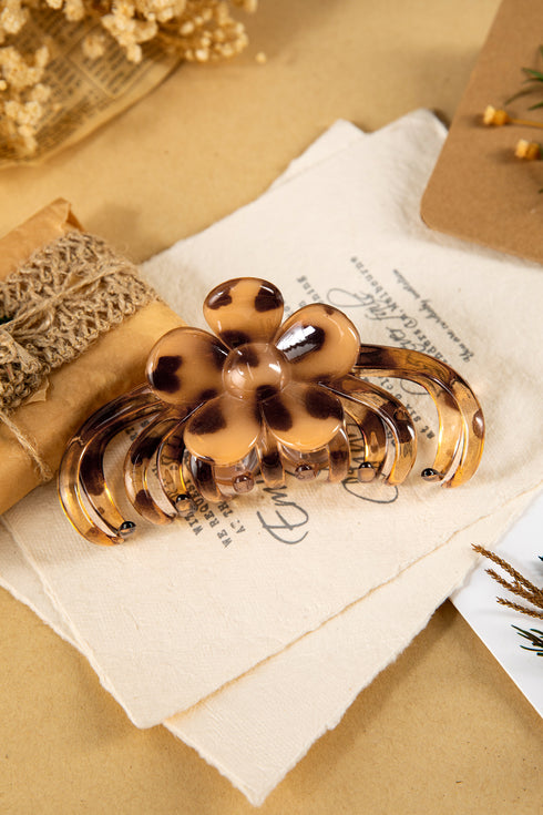 Thai Curry Amber Leopard Resin Flower Hair Claw Clip