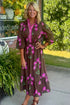 Brown Contrast Flower Print Frilled Neckline Puff Sleeve Long Dress