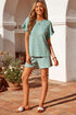 Moonlight Jade Heather Textured Ruffle Sleeve Top and Drawstring Shorts Set