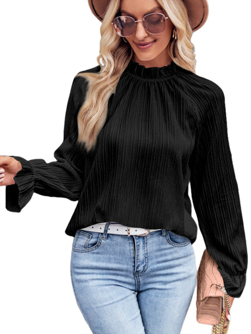 black-frilled-mock-neck-ripple-bubble-sleeve-blouse
