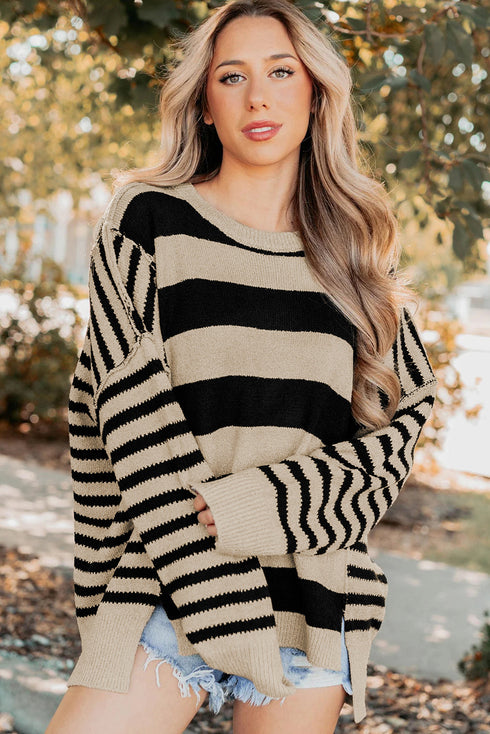 Black Stripe Drop Shoulder Sleeve Patchwork Baggy Sweater