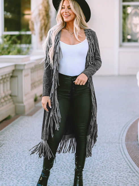 black-fringed-hem-pocketed-open-cardigan