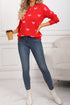 Rose Red Classic Round Neck Drop Shoulder Heart Print Sweater