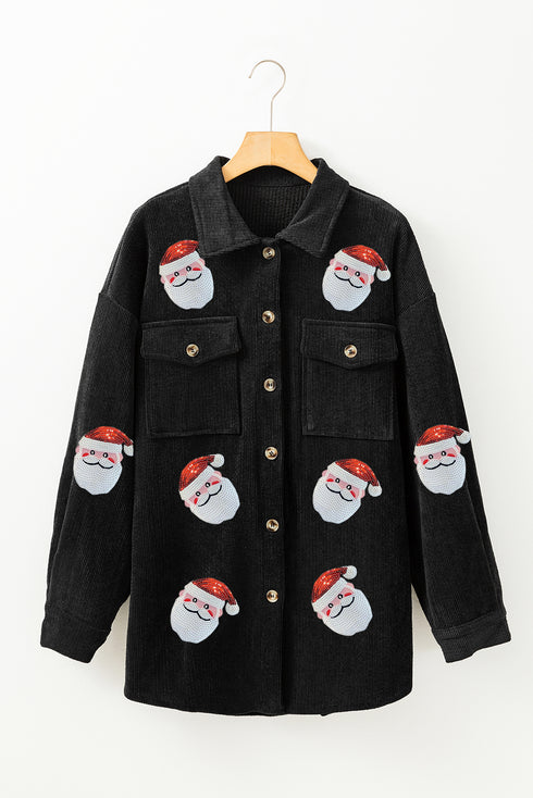 Black Sequin Father Christmas Graphic Button Down Ribbed Shacket