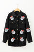 Black Sequin Father Christmas Graphic Button Down Ribbed Shacket
