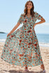 Green Fiery Floral Print Frilled V Neck Short Sleeve Maxi Dress