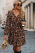 Brown Ditsy Floral Print Split Neck Long Sleeve Shirred Waist Flared Mini Dress