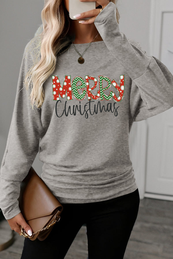 Light Grey Merry Christmas Graphic Extended Cuffs Dolman Long Sleeve Top