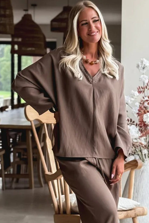 Dark Khaki Braided Trim V Neck Oversize Top Drawstring Pants Loose 2pcs Outfit