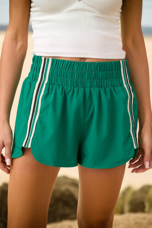 Sea Green Elastic Waist Varsity Striped Detail Athleisure Shorts