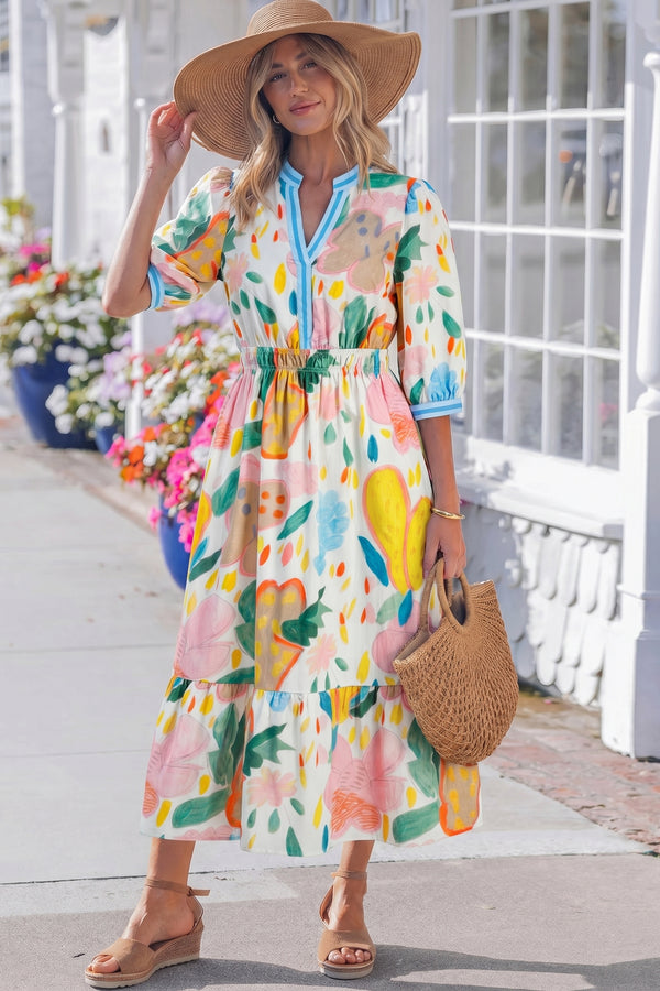Multicolour Floral Doodle Print Striped Trim V Neck Midi Dress