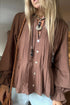 Coffee Pintuck Buttoned Front Decor Ruffled Sleeve Loose Blouse