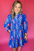 Blue Floral Print Button Detail 3/4 Puff Sleeve Ruffle Hem Dress