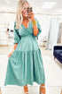 Canton V Neck Frilled Puff Sleeve Cinched Waist Flared Long Dress