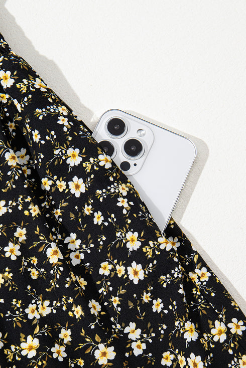 Black Floral Print Wrap V Neck Short Sleeve High Waistband Mini Dress