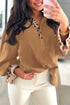 Camel Contrast Leopard Print Patchwork Polo Collar Buttons Front Ruffled Long Sleeve Blouse