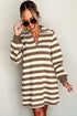 Khaki Stripe Collared V Neck Long Sleeve Loose Casual Dress