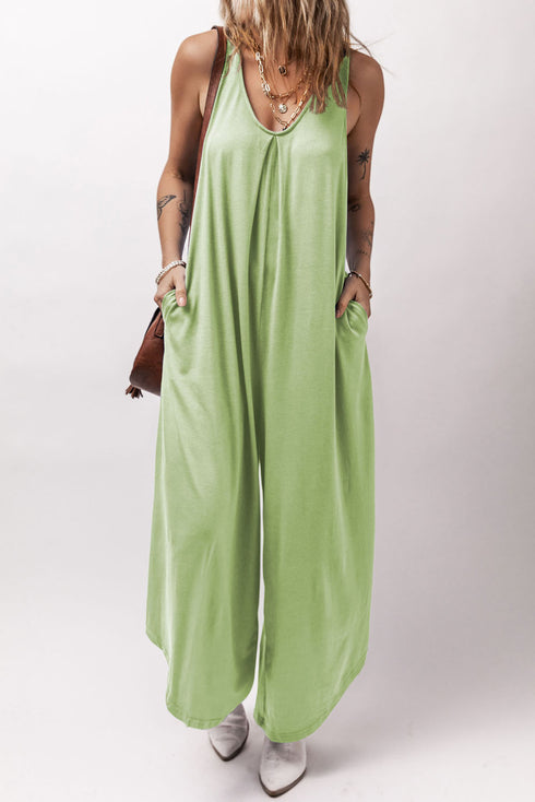 Grass Green Sleeveless V Neck Pocketed Wide Leg Jumpsuit