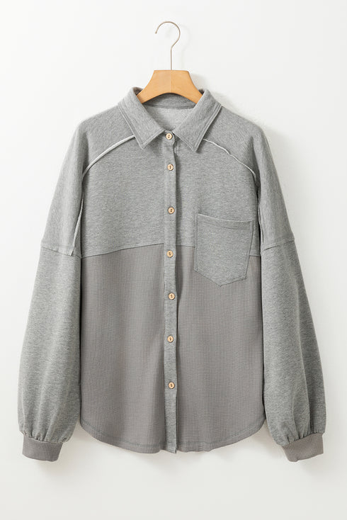 Medium Grey Waffle Knit Patchwork Exposed Seam Loose Shacket